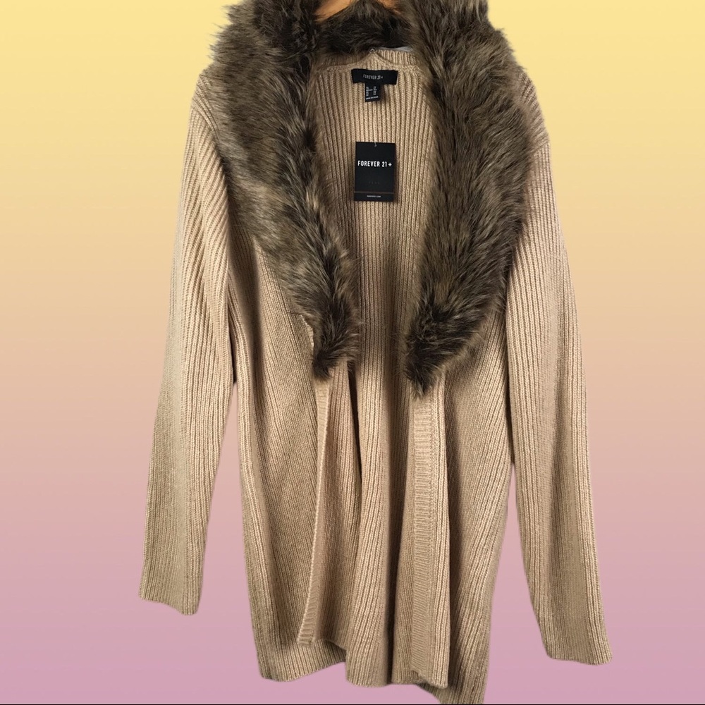 Faux fur trimmed long cardigan